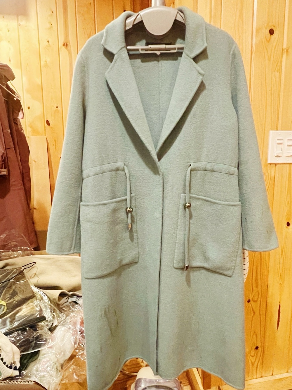 Womens Sage Green Long 100% Wool Coat with Patch Pockets